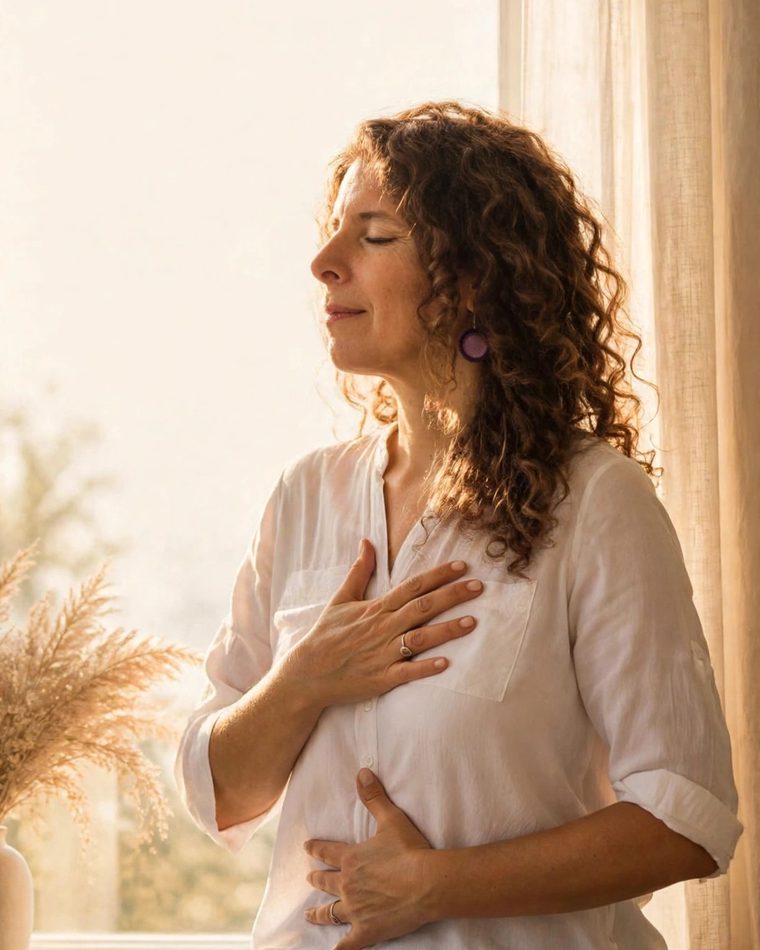 Marina Monk con una mano en el pecho y otra en el abdomen, respirando frente a una ventana